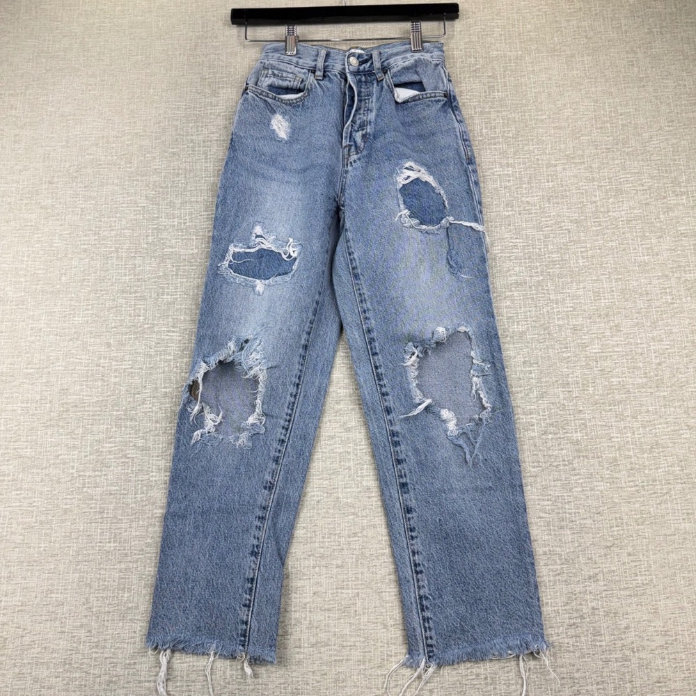 PacSun High Waisted Distressed Mom Jeans Light Wash Blue Frayed Hem Size 25